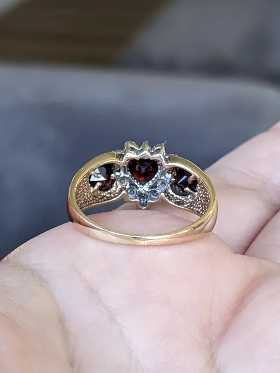 Antique 10K Gold Heart Cut Garnet Ring with Diamond Halo - Picture 11 of 14